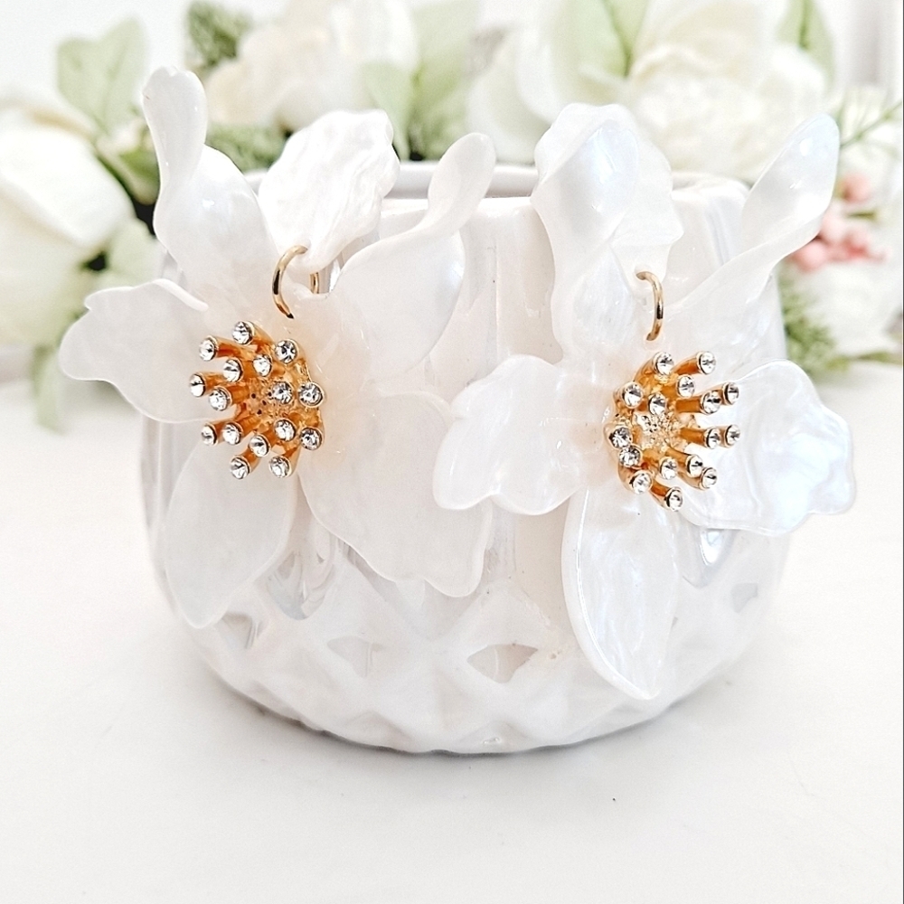 Gold White Flower Statement Earrings Oversized Rhinestone Bridal Formal Wedding - Picture 15 of 17